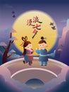 China chic illustration of the cowherd and the weaver Girl meet on Qixi Festival or Qiqiao Festival.